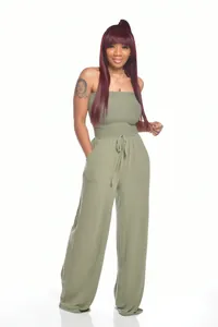 Combinaison décontractée vert olive bustier à jambes larges avec cordon de serrage