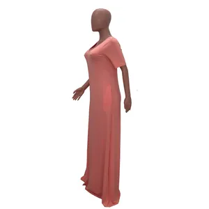 Peach short-sleeved casual maxi dress for women featuring convenient side pockets and loose fit