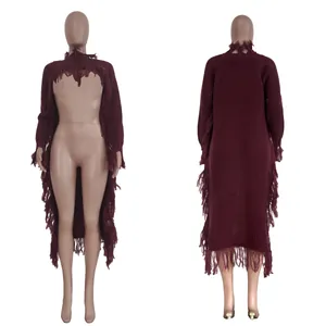 Detailed front and back view of a burgundy long-line knit sweater featuring fringe hem