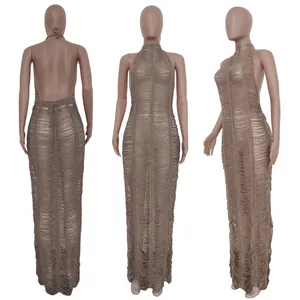 Three views of a sexy brown knitted distressed halter beach maxi dress on mannequins