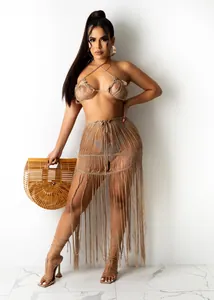 Sexy bohemian crochet halter top and long tassel fringe knit beach skirt two-piece set