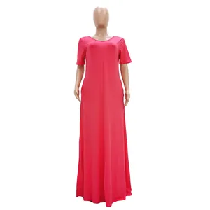 Detail view showing the full length and drape of the pink short-sleeved maxi dress