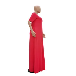 Side profile of a vibrant rose red short-sleeved casual maxi dress on a mannequin.