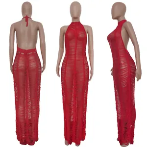 Detailed views showing front, back and side of red knitted hollow-out halter maxi beach dress