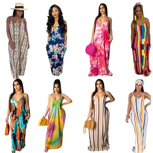 Selection of various colorful casual loose maxi dresses with spaghetti straps for women.