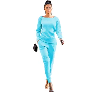 Women's light blue casual knit two-piece set with long-sleeved top and matching pants