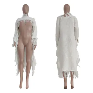 Detailed front and back views of a long white knit sweater with boho fringe tassels