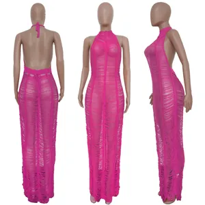Sexy pink hollow-out knitted beach maxi dress with halter backless design for women