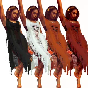 Four color variants of a sexy fringe tassel beach cover-up dress for women's summer wear