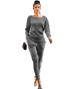 Full view of women's grey ribbed knit two-piece set for urban casual style