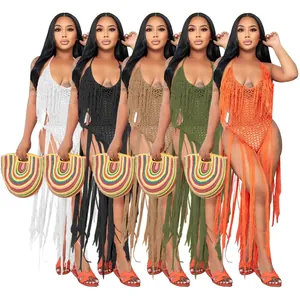 Women's Sexy Hollow Out Crochet Knit One-Piece Swimsuit Long Tassel Bohemian Beachwear Summer Halter Monokini Bathing Suit
