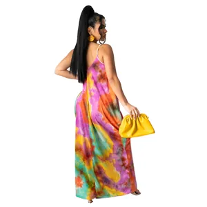 Back view of colorful tie-dye maxi slip dress for casual summer wear