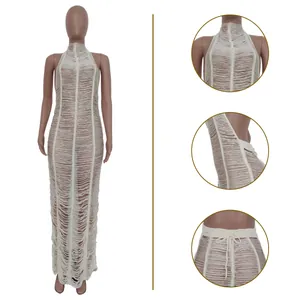 Detailed views of sexy white hollow-out knitted beach maxi dress for women