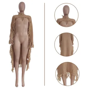Close-up views of long knit cardigan with fringe detailing and open front design