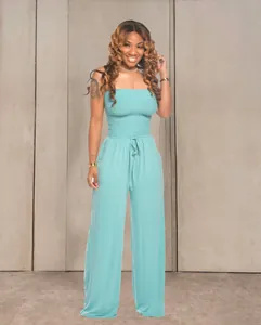 Combinaison bustier décontractée turquoise élégante à jambes larges et cordon ajustable