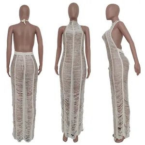 Three views of a sexy off-white knitted beach maxi dress with halter neck and open back