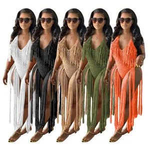 Multiple color options for the sexy long fringe tassel hollow-out knit bodysuit.