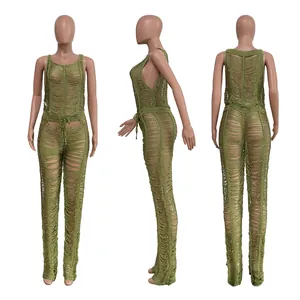 Comprehensive three-angle views of a sexy green hollow-out knitted beach jumpsuit