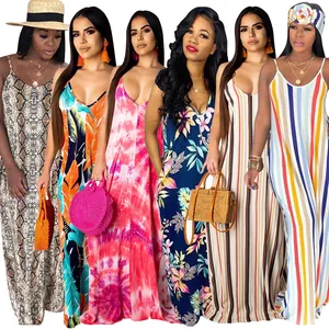 Variety of women's loose printed cotton camisole maxi dresses with different patterns