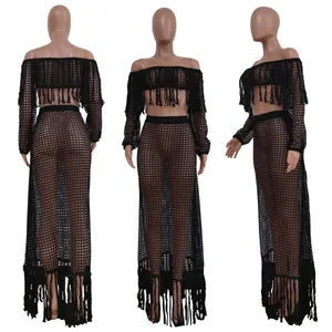 Detailed multi-angle views of a black mesh crochet beach two-piece set with tassels