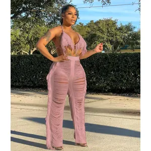 Élégant ensemble de plage 2 pièces en tricot mauve avec haut bikini à franges chic