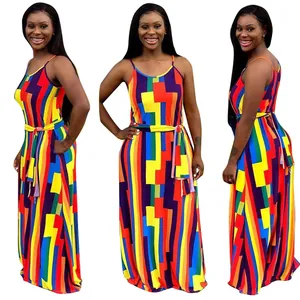 Casual rainbow geometric print cotton maxi dress with spaghetti straps and belt