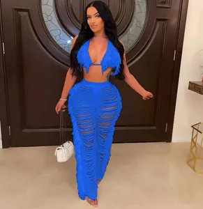 Ensemble bikini bleu à franges sexy et pantalon de plage en tricot assorti à glands