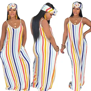 Three views of a colorful vertical striped maxi dress with a matching headwrap set for women