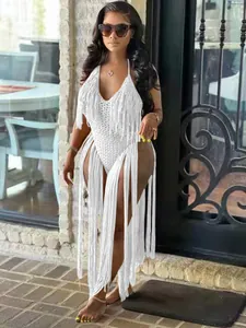 Sexy white hollow knit one-piece swimsuit featuring long fringe detailing and deep V-neck