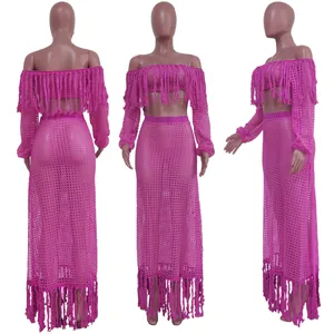 Vibrant pink mesh crochet two-piece beach set with fringe details shown from multiple angles