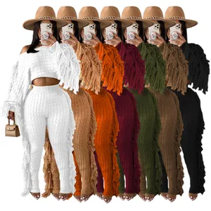 Women Casual Solid Color Knitted Long Sleeve Tassel Top And Bottom Fashion Streetwear Polyester Ribbed Pant Suit