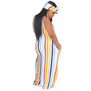 Back view of colorful vertical striped maxi dress with side pockets and matching headband.