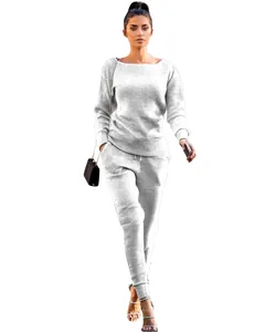 Close-up detail showing the grey ribbed knit texture of this two-piece lounge set