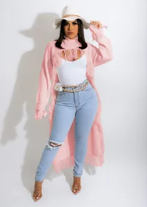 Stylish pink long fringed cardigan sweater for women in European street fashion look