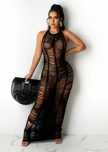 Sexy black sheer knitted maxi beach dress with halter neck and distressed design
