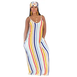 Women's casual vertical striped maxi dress with spaghetti straps and matching headwrap