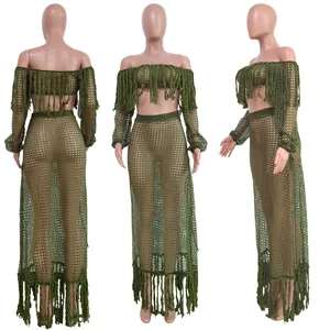 Detailed view of women's olive green crochet mesh two-piece beach set with tassels