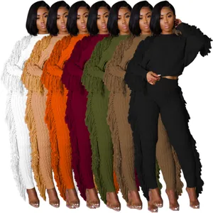 Women's chic knit fringe two-piece set with long sleeve crop top and pants