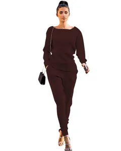 Full view of women's dark brown ribbed knit two-piece set for casual urban style