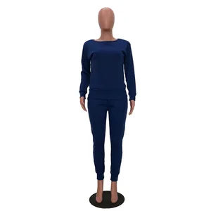Detail view of navy blue women's casual two-piece set with sweatshirt and pants
