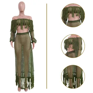 Detailed views showing texture of army green crochet mesh two-piece tassel beach set