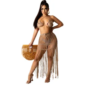 Sexy knitted mesh bikini top and long tassel skirt beach two-piece set in earth tones