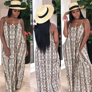 Detailed three-way view of a casual loose snake print cotton camisole dress for women