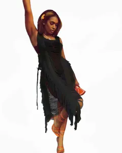 Detailed view of the black fringe beach dress featuring side cut-outs and tie closure.