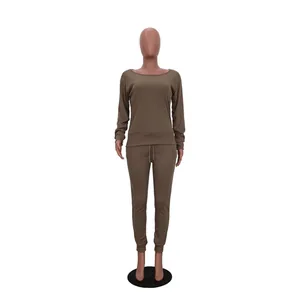 Urban casual brown two-piece set featuring long-sleeve top and joggers for women