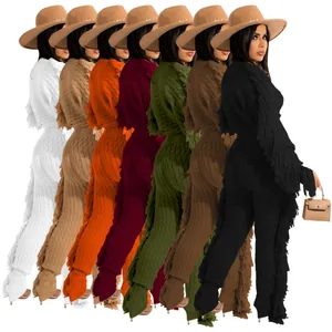 Multiple colors of women's casual knitted long-sleeve two-piece set with fringe details
