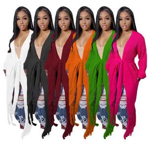 Long knitted fringe cardigan sweater for women in multiple colors with waist belt detail
