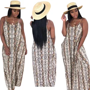 Loose snakeskin print maxi dress with thin spaghetti straps and pockets