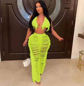 Ensemble deux pièces jaune néon éclatant avec haut de bikini en tricot à franges et pantalon