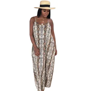 Relaxed fit women's sleeveless snake skin print maxi camisole dress with straw hat styling